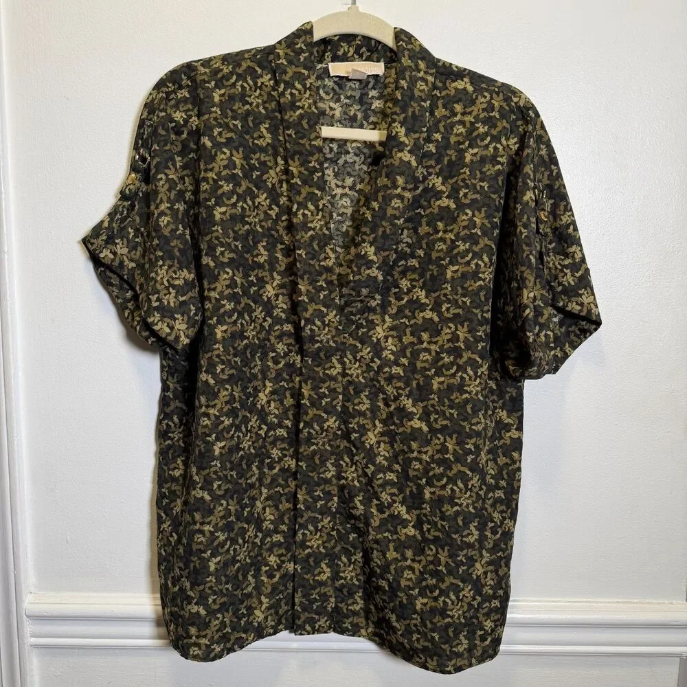 MICHAEL Michael Kors Floral Blouse L Black Olive Roll Tab Sleeve Gold Hardware